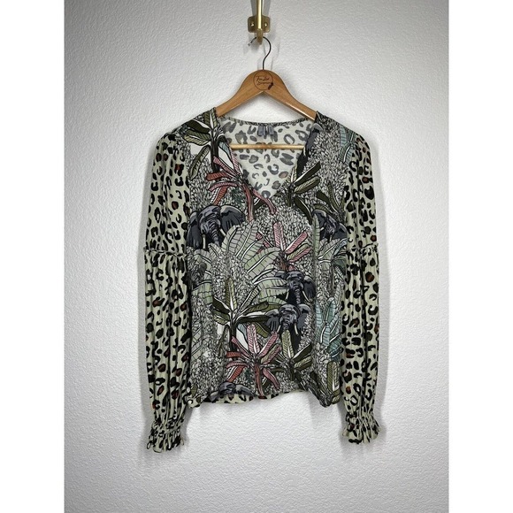Anthropologie Blank London XS Sibley Elephant Top Animal Print Balloon Sleeve - Picture 1 of 5